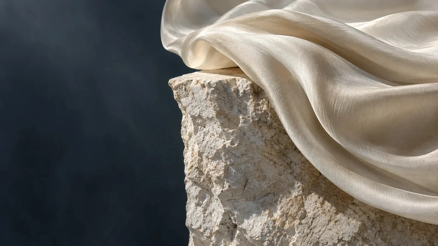 A close study of silk folds over hand-carved stone