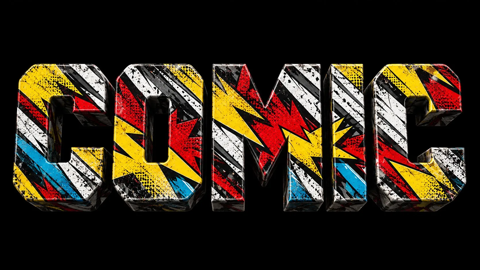 Comic lettering in red, yellow and blue ink