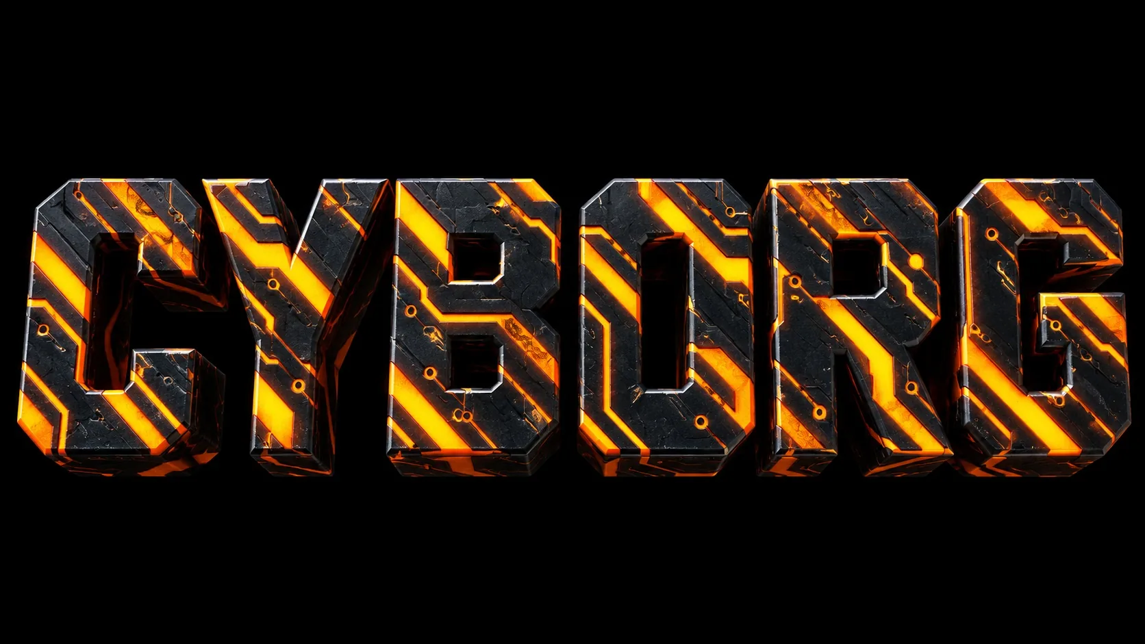 Cyborg lettering in black alloy and orange circuitry